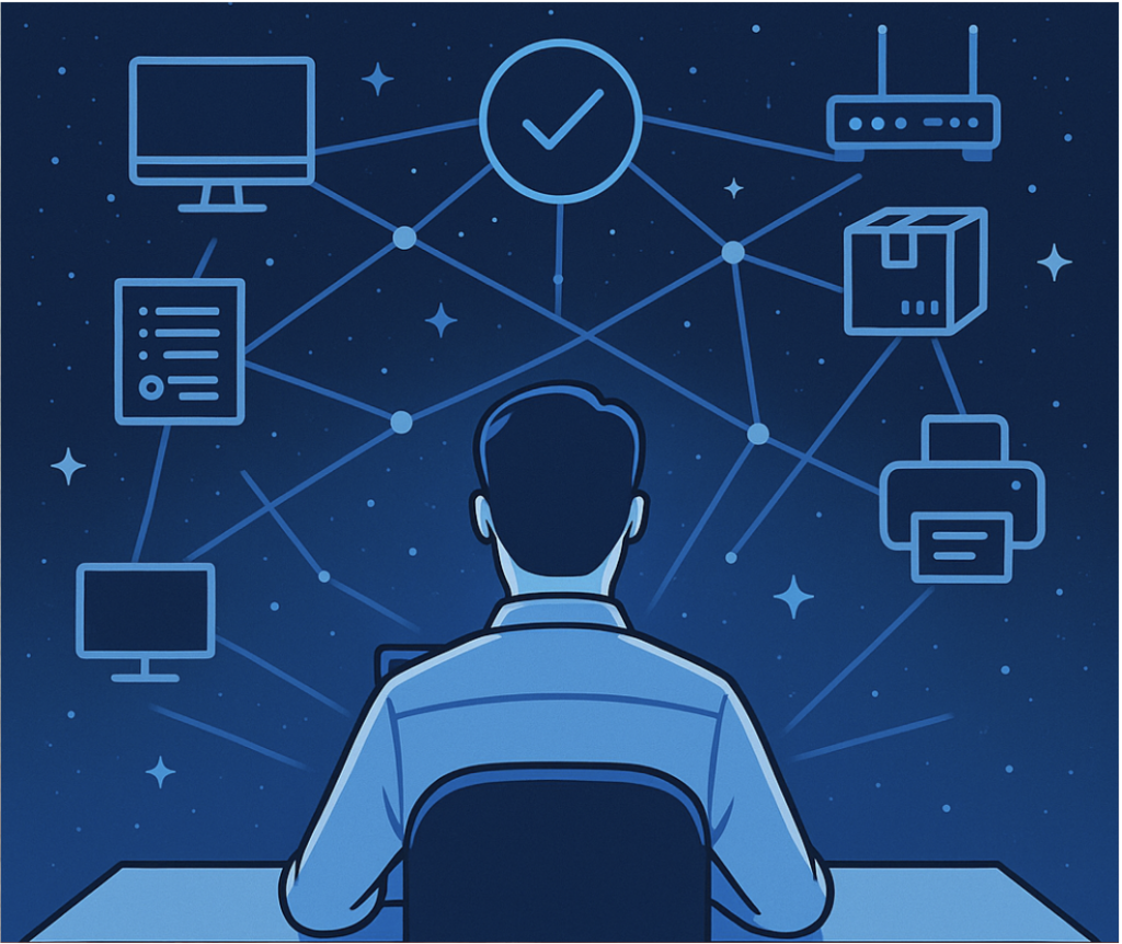 A person sits at a desk facing connected icons of devices such as a computer, printer, router, and server, representing a networked system.